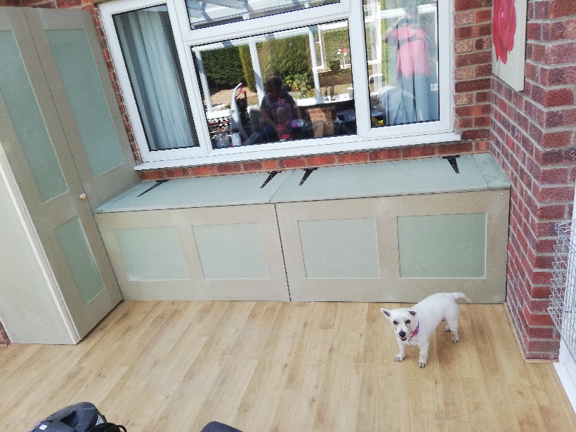 Storage cupboard and storage box for conservatory.